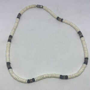 Shell Bead Necklace choker 17" white & brown beads handmade